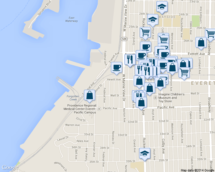 map of restaurants, bars, coffee shops, grocery stores, and more near 2915 Federal Avenue in Everett