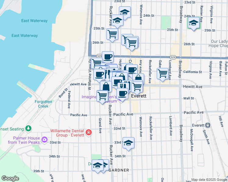 map of restaurants, bars, coffee shops, grocery stores, and more near 2901 Rucker Avenue in Everett