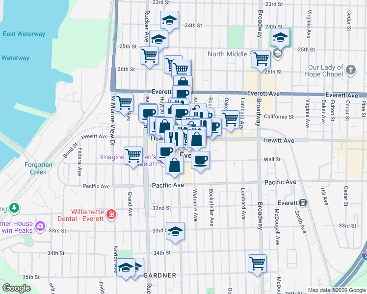 map of restaurants, bars, coffee shops, grocery stores, and more near 2911 Colby Avenue in Everett