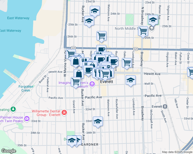 map of restaurants, bars, coffee shops, grocery stores, and more near 1510 Hewitt Avenue in Everett