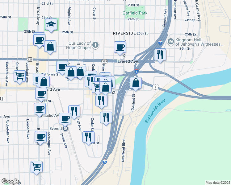 map of restaurants, bars, coffee shops, grocery stores, and more near 3002 Hewitt Avenue in Everett