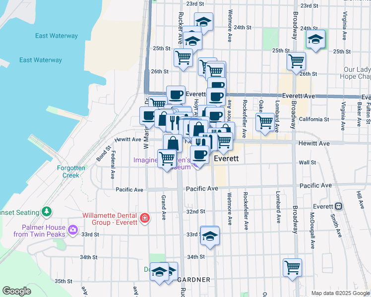 map of restaurants, bars, coffee shops, grocery stores, and more near 2901 Rucker Avenue in Everett