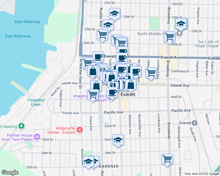 map of restaurants, bars, coffee shops, grocery stores, and more near 1510 Hewitt Avenue in Everett