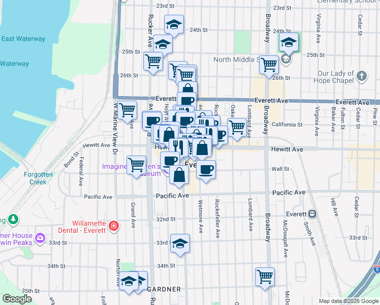 map of restaurants, bars, coffee shops, grocery stores, and more near 1602 Hewitt Avenue in Everett