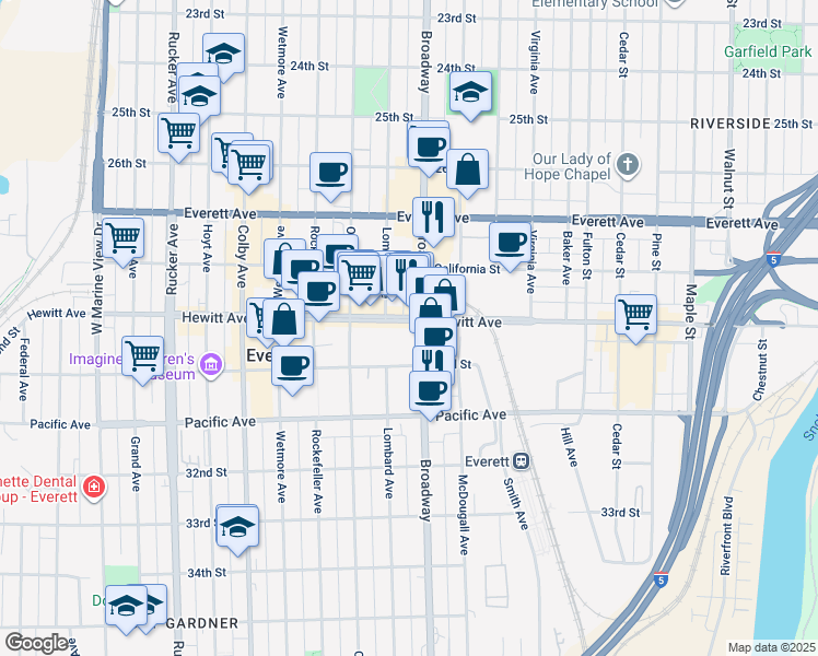 map of restaurants, bars, coffee shops, grocery stores, and more near  in Everett