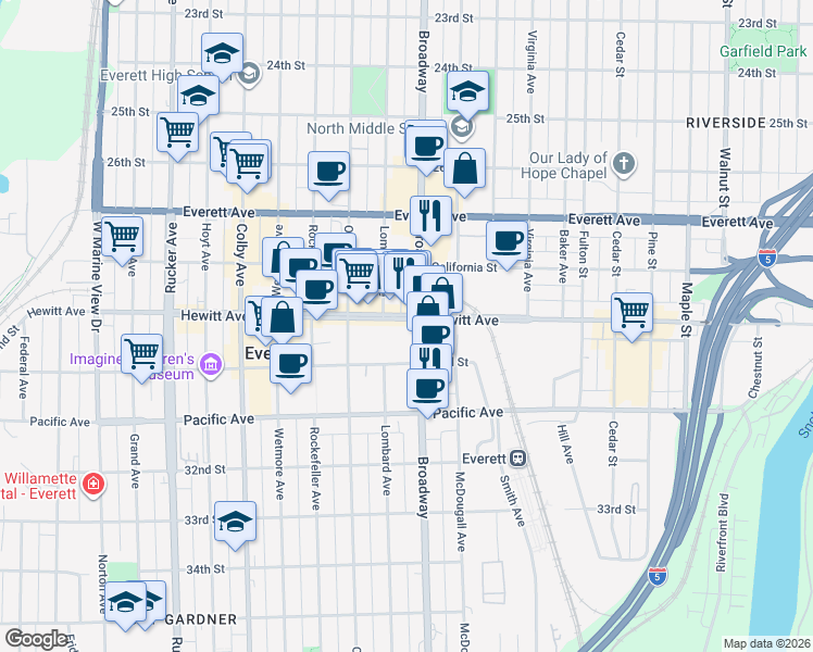 map of restaurants, bars, coffee shops, grocery stores, and more near in Everett