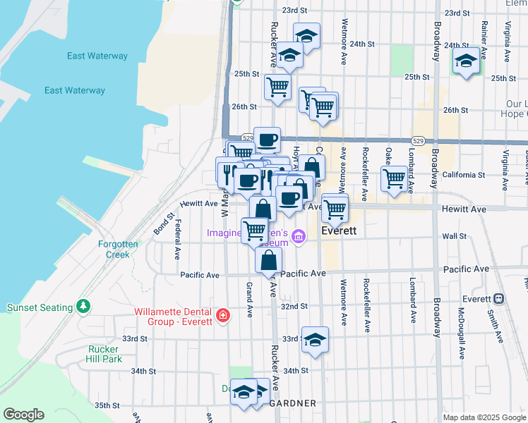 map of restaurants, bars, coffee shops, grocery stores, and more near 1306 Hewitt Avenue in Everett