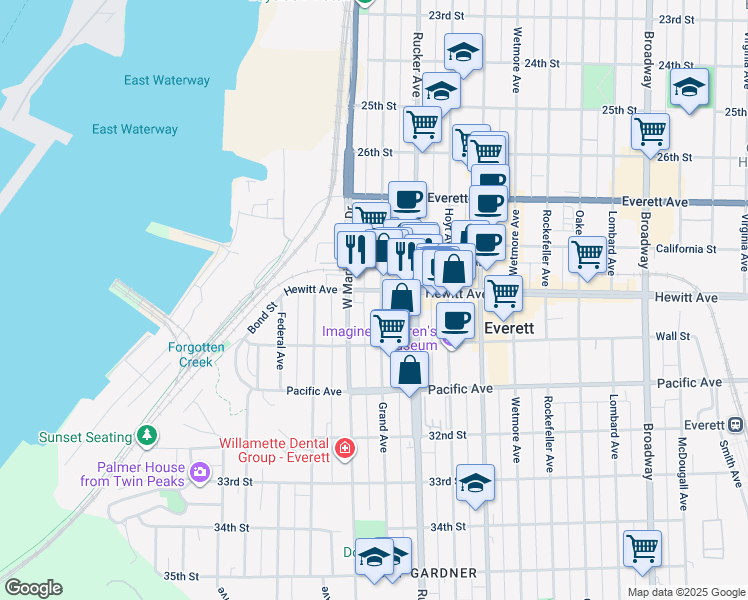 map of restaurants, bars, coffee shops, grocery stores, and more near 2900 Grand Avenue in Everett