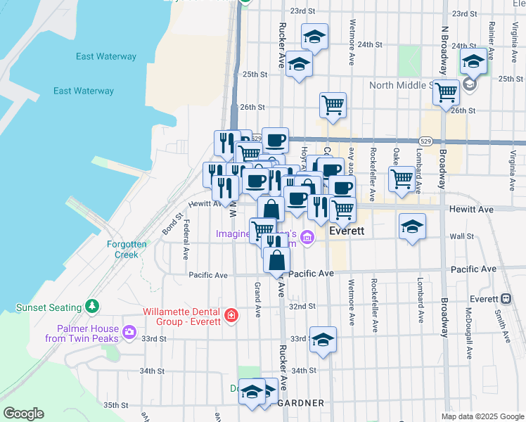 map of restaurants, bars, coffee shops, grocery stores, and more near 1306 Hewitt Avenue in Everett