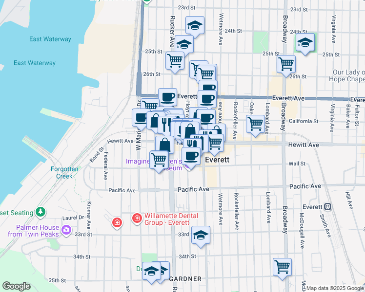 map of restaurants, bars, coffee shops, grocery stores, and more near 1418 Hewitt Avenue in Everett