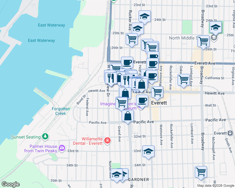 map of restaurants, bars, coffee shops, grocery stores, and more near 1306 Hewitt Avenue in Everett