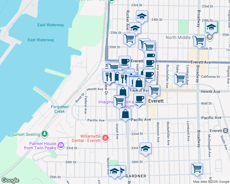 map of restaurants, bars, coffee shops, grocery stores, and more near 1306 Hewitt Avenue in Everett