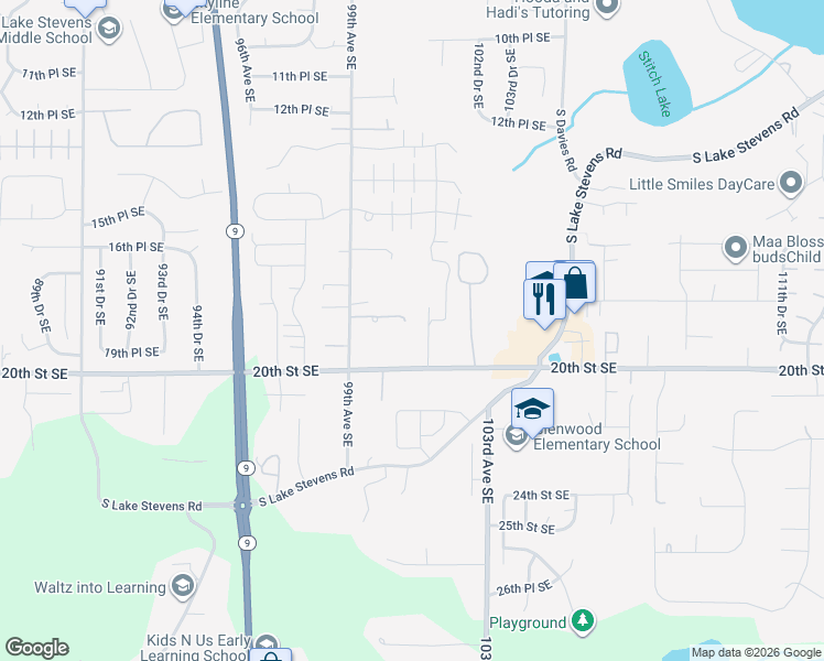 map of restaurants, bars, coffee shops, grocery stores, and more near 10029 20th Street Southeast in Lake Stevens