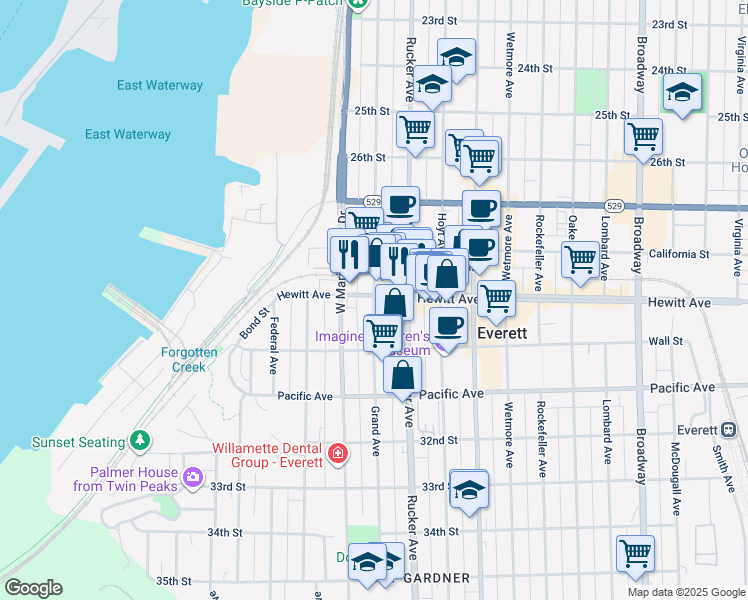 map of restaurants, bars, coffee shops, grocery stores, and more near 1306 Hewitt Avenue in Everett