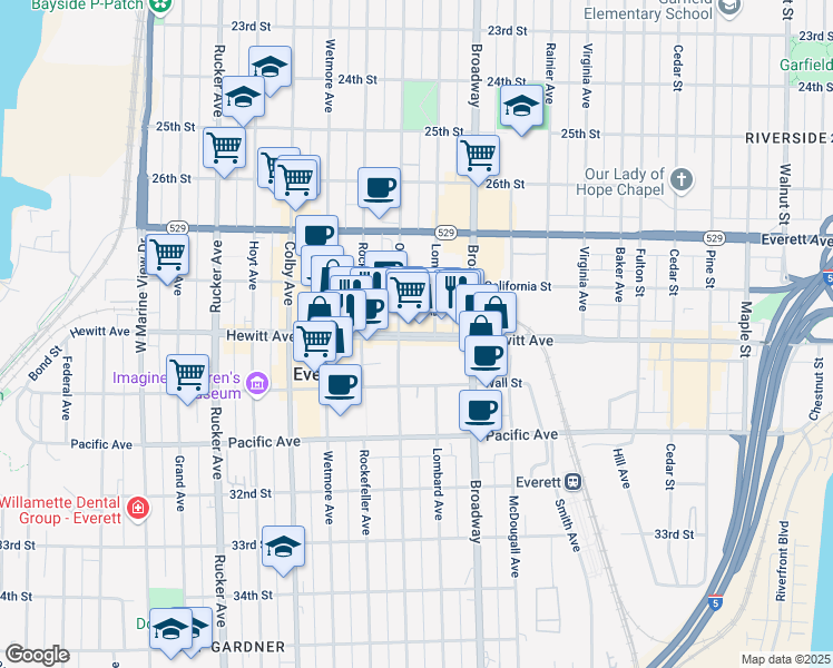 map of restaurants, bars, coffee shops, grocery stores, and more near 2000 Hewitt Avenue in Everett