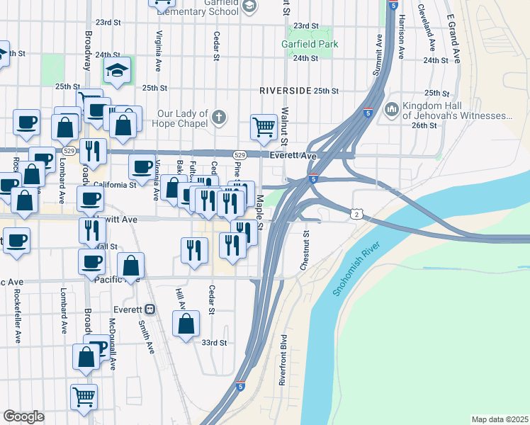 map of restaurants, bars, coffee shops, grocery stores, and more near 3002 Hewitt Ave in Everett