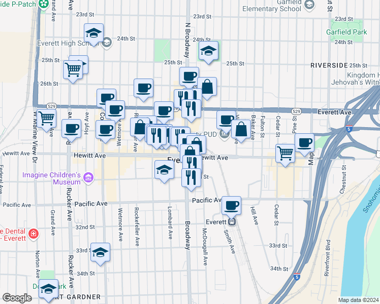 map of restaurants, bars, coffee shops, grocery stores, and more near 2157 Hewitt Avenue in Everett