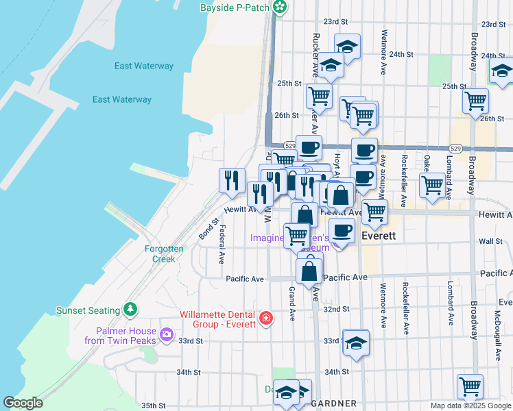 map of restaurants, bars, coffee shops, grocery stores, and more near 1106 Hewitt Avenue in Everett