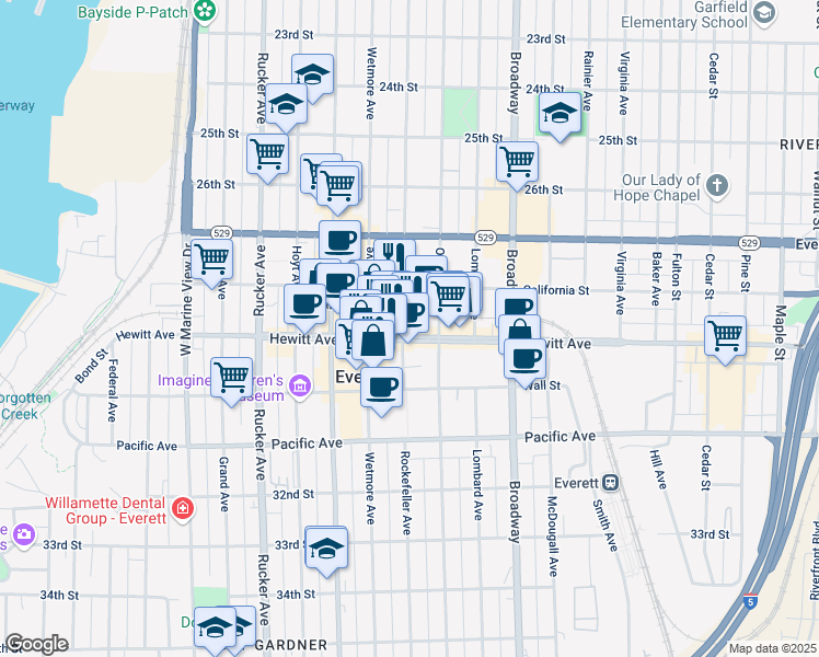 map of restaurants, bars, coffee shops, grocery stores, and more near 1803 Hewitt Avenue in Everett