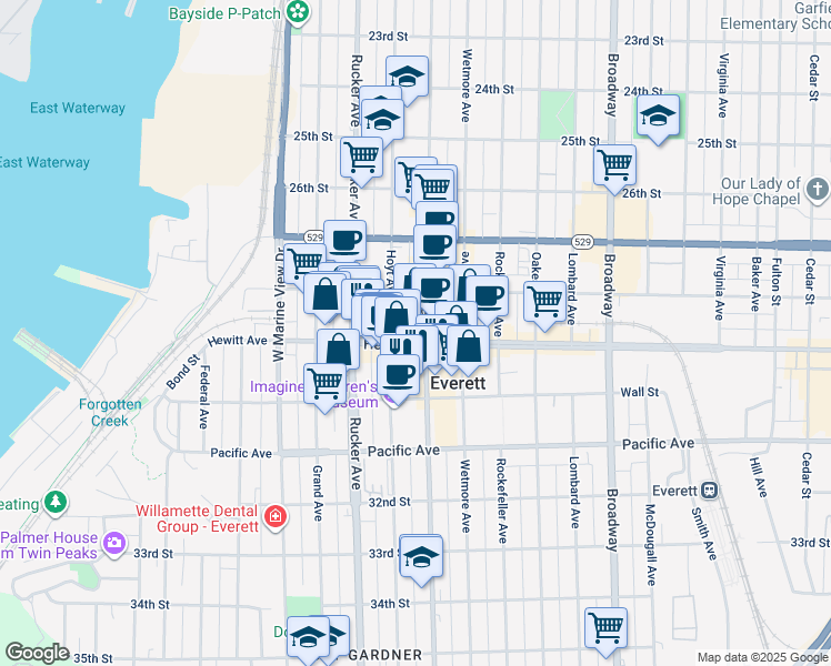 map of restaurants, bars, coffee shops, grocery stores, and more near 1510 Hewitt Avenue in Everett