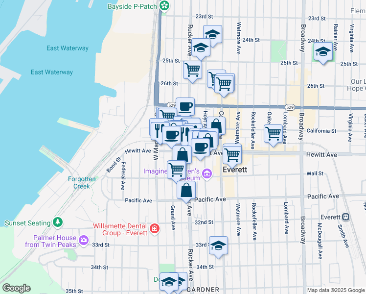 map of restaurants, bars, coffee shops, grocery stores, and more near 1306 Hewitt Avenue in Everett