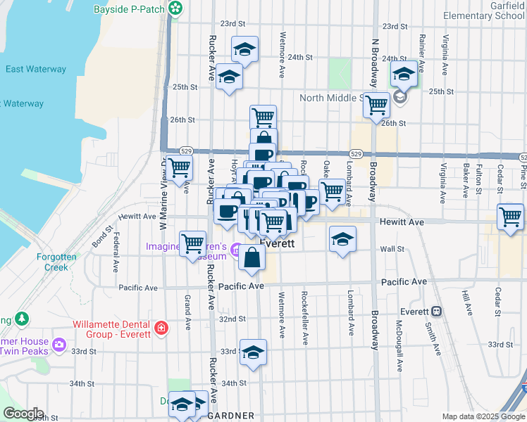 map of restaurants, bars, coffee shops, grocery stores, and more near 1604 Hewitt Avenue in Everett