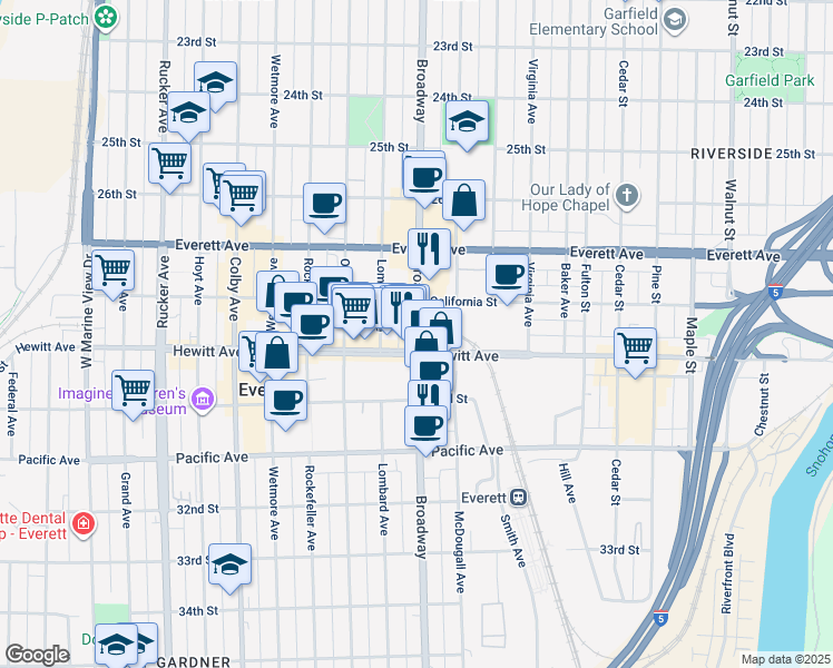 map of restaurants, bars, coffee shops, grocery stores, and more near in Everett