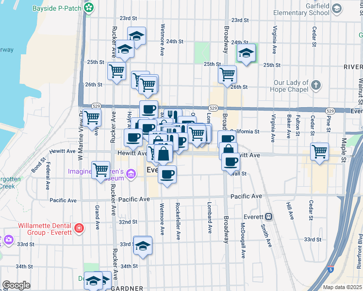 map of restaurants, bars, coffee shops, grocery stores, and more near 1820 Hewitt Avenue in Everett