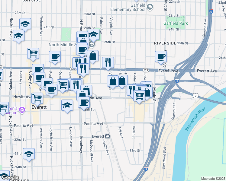 map of restaurants, bars, coffee shops, grocery stores, and more near 2731 Virginia Avenue in Everett