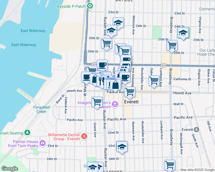 map of restaurants, bars, coffee shops, grocery stores, and more near 2821 Rucker Avenue in Everett