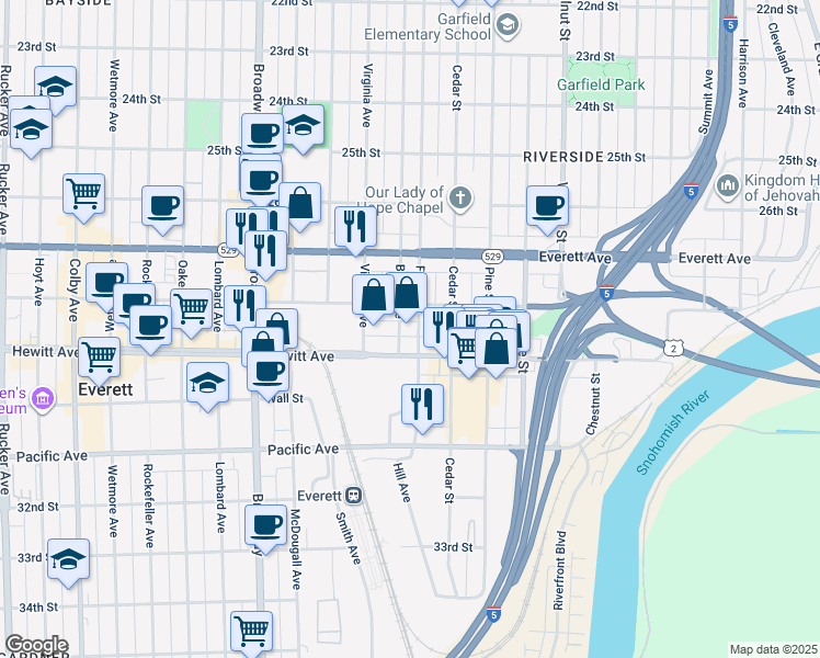 map of restaurants, bars, coffee shops, grocery stores, and more near 2732 Baker Avenue in Everett