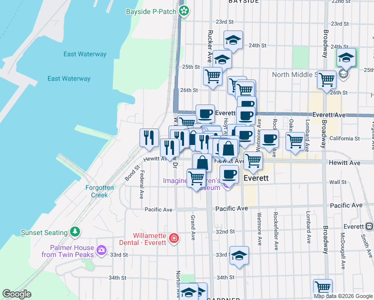 map of restaurants, bars, coffee shops, grocery stores, and more near 2824 Grand Avenue in Everett