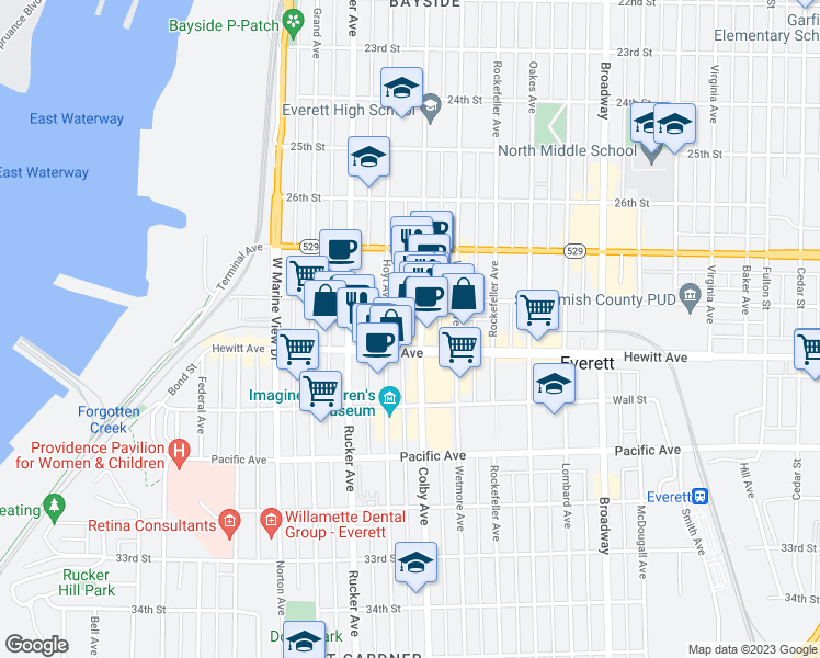 map of restaurants, bars, coffee shops, grocery stores, and more near in Everett