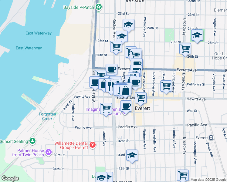map of restaurants, bars, coffee shops, grocery stores, and more near 2821 Rucker Avenue in Everett