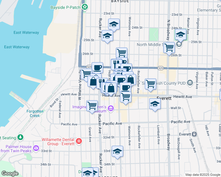 map of restaurants, bars, coffee shops, grocery stores, and more near in Everett