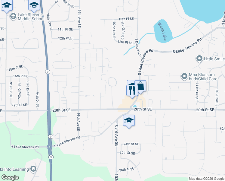 map of restaurants, bars, coffee shops, grocery stores, and more near 2011 101st Avenue Southeast in Lake Stevens