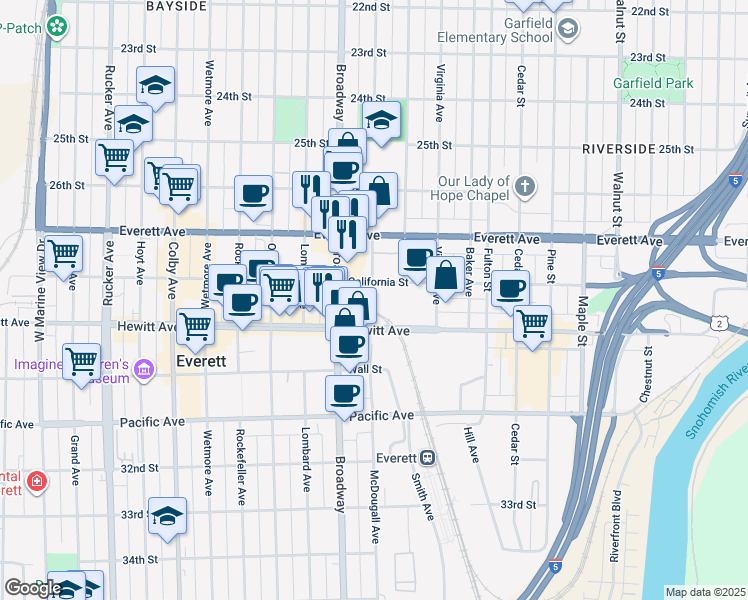 map of restaurants, bars, coffee shops, grocery stores, and more near in Everett