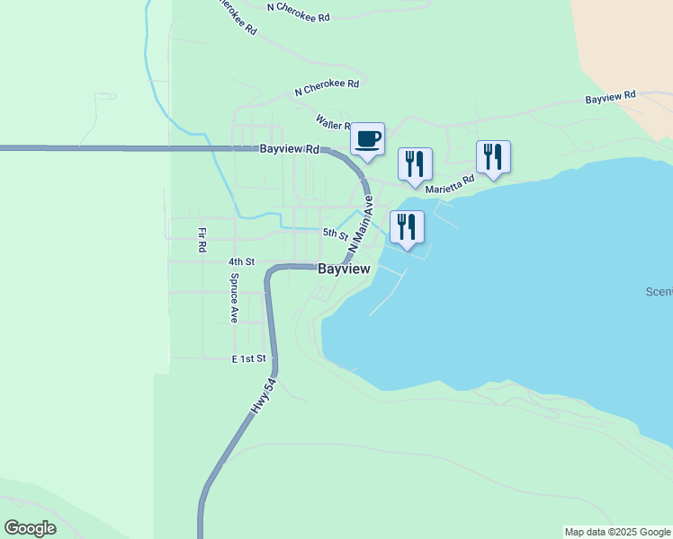 map of restaurants, bars, coffee shops, grocery stores, and more near 18354 Idaho 54 in Bayview