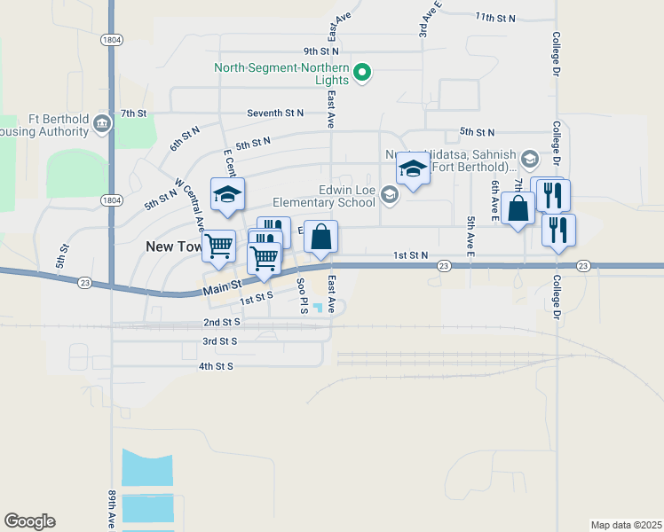 map of restaurants, bars, coffee shops, grocery stores, and more near North Dakota 1804 in New Town