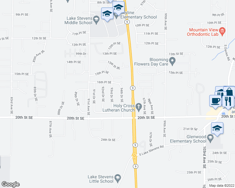 map of restaurants, bars, coffee shops, grocery stores, and more near 1716 94th Drive Southeast in Lake Stevens
