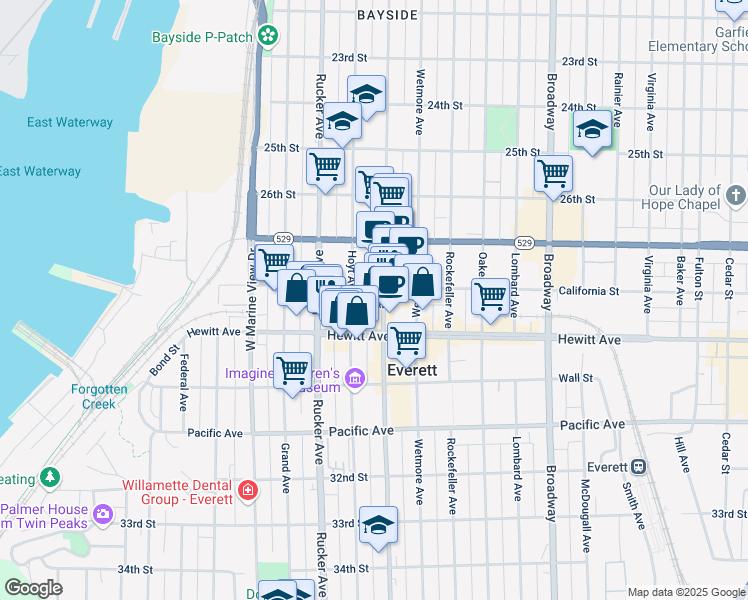 map of restaurants, bars, coffee shops, grocery stores, and more near in Everett