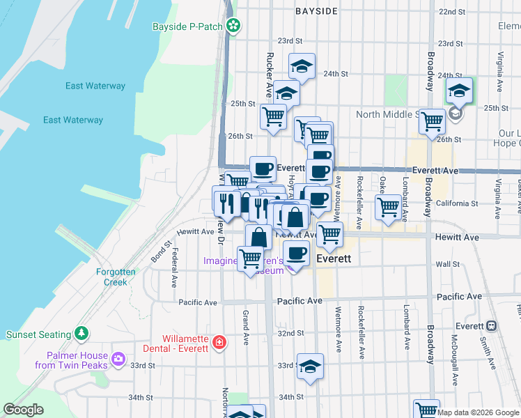 map of restaurants, bars, coffee shops, grocery stores, and more near 2801 Grand Avenue in Everett