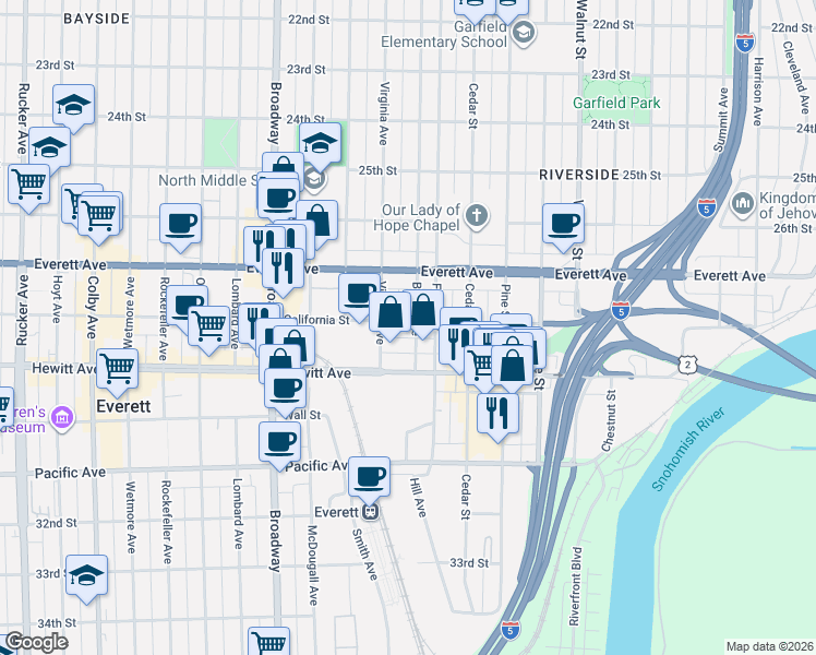map of restaurants, bars, coffee shops, grocery stores, and more near 2418 California Street in Everett
