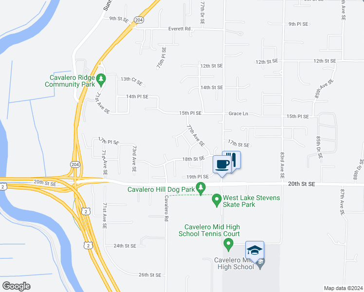 map of restaurants, bars, coffee shops, grocery stores, and more near 1633 76th Avenue Southeast in Lake Stevens