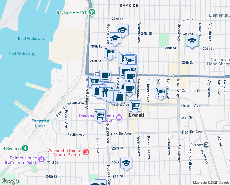 map of restaurants, bars, coffee shops, grocery stores, and more near 2808 Hoyt Avenue in Everett