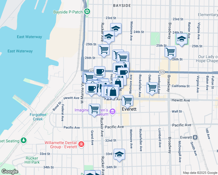 map of restaurants, bars, coffee shops, grocery stores, and more near 2821 Rucker Avenue in Everett