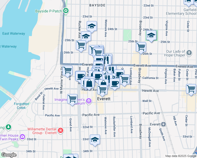 map of restaurants, bars, coffee shops, grocery stores, and more near 2803 Colby Avenue in Everett