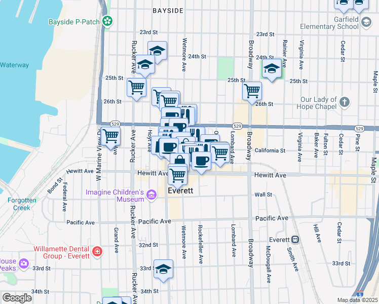 map of restaurants, bars, coffee shops, grocery stores, and more near 1712 California Street in Everett