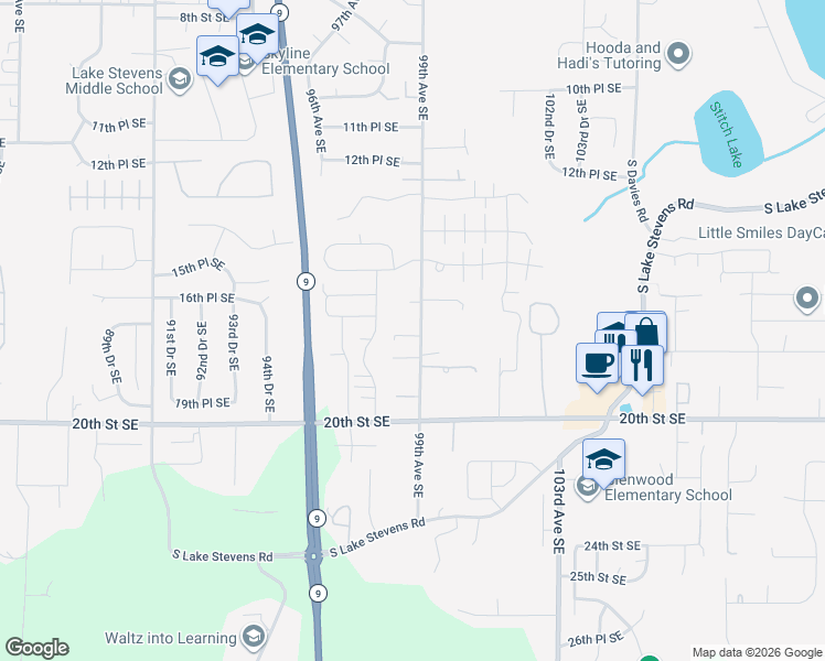 map of restaurants, bars, coffee shops, grocery stores, and more near 1712 99th Avenue Southeast in Lake Stevens