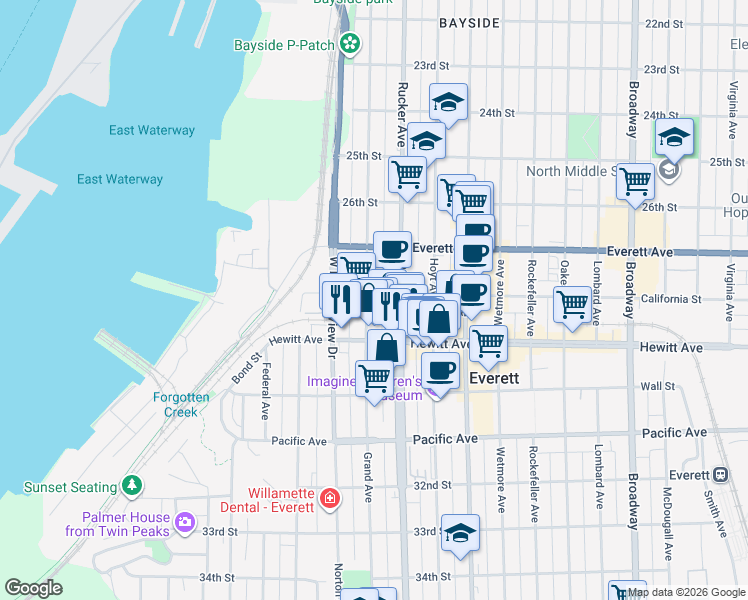 map of restaurants, bars, coffee shops, grocery stores, and more near 2801 Grand Avenue in Everett